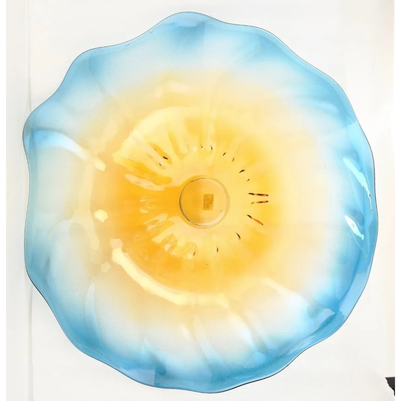 Adorno de Vidrio Grande en Forma de Plato, Amarillo con Bordes Celestes