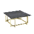Mesa de centro con estructura de acero color dorado y top de vidrio color negro medidas 41"l x 41"w x 18"h
