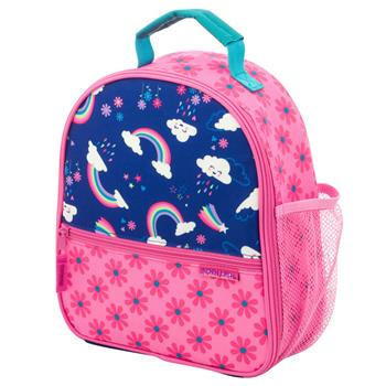 Mochila con decoracion de arcoiris color rosado y azul