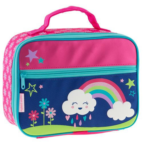 Lonchera con decoracion de arcoiris azul y rosado