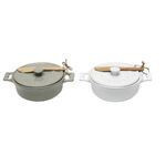 Plato para hornear de ceramica con tapa y removedor de madera color blanco 18 x 8 cms
