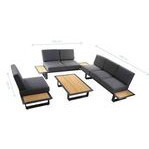 Set de sala de exterior donya de teca con cojines color gris oscuro sillon para 3 personas sillon para 2 personas sillon individual y mesa de centro