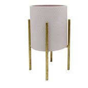 Maceta de metal color rosa con soporte de metal dorado  14x14x23"