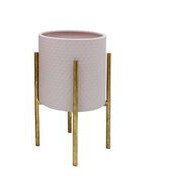 Maceta de metal color rosa con soporte de metal dorado 11x11x19"