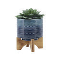 Maceta punteada color azul con soporte de madera 5"