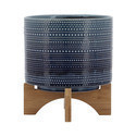 Maceta punteada color azul con soporte de madera 8"