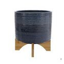 Maceta punteada color azul con soporte de madera 10"