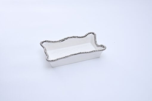 Bandeja rectangular blanca orilla plateada de porcelana 10"x 6.75" x 2.75"