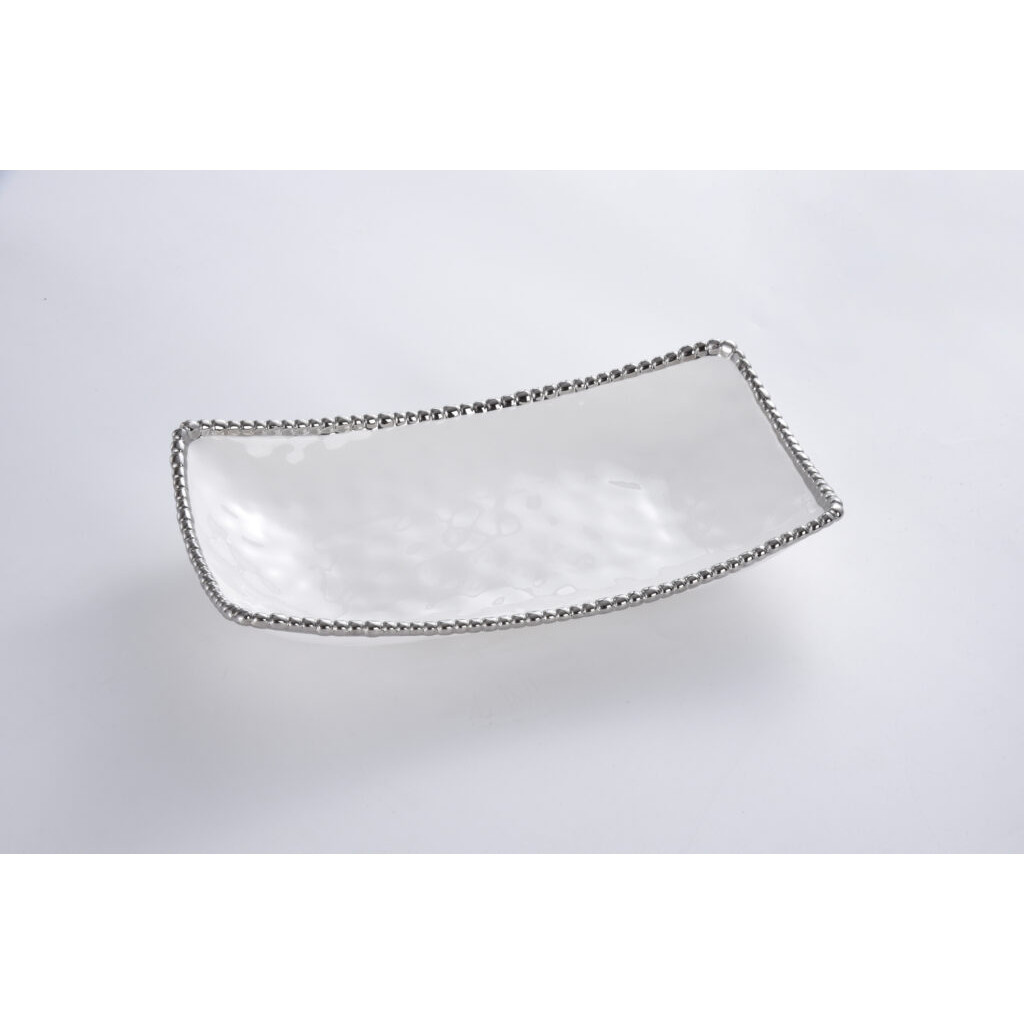 Servidor rectangular blanco con orilla plateadas de porcelana15 x 8.5 x 3"