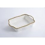 Plato rectangular para hornear color blanco con orilla dorada de porcelana 9"á 11"á 3"