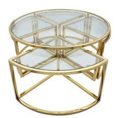 Mesa de centro redonda metalica con top de vidrio dorado con 4 mesas triangulares 40 x 40 x 18"