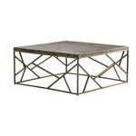 Mesa de centro cuadrada con top de madera y estructura dorada 40x40x18"