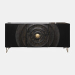 Bufetera contemporanea color negra de madera tallada con un circulo en medio color dorado y patas doradas 30" x 63" x 15"