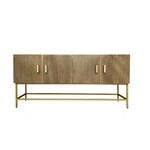 Consola color dorado con 4 gavetas de madera y patas de metal dorada 63x15x30"