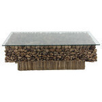Mesa de centro con base decorada de troncos de madera y top de vidrio 49x17"