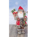 Santa claus de pie traje rojo con café con bolsa de regalos