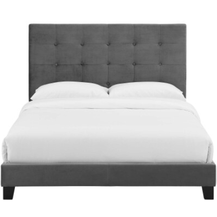 Cama melanie tamaño twin gris de terciopelo tapizado con botones capitone