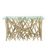 Consola contemporanea de teca top de vidrio 51 x 30"