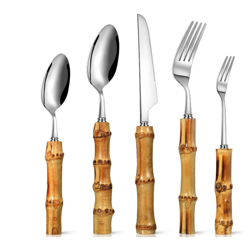 Juego de 30 piezas de cubiertos de bambu en acero inoxidable plateados