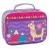 Lonchera para niña color morado con rojo con decoracion de una llama