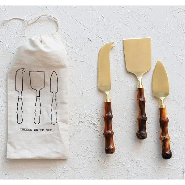 Set de 3 Cuchillos para Queso de Acero Inoxidable con Agarradero de Bambú