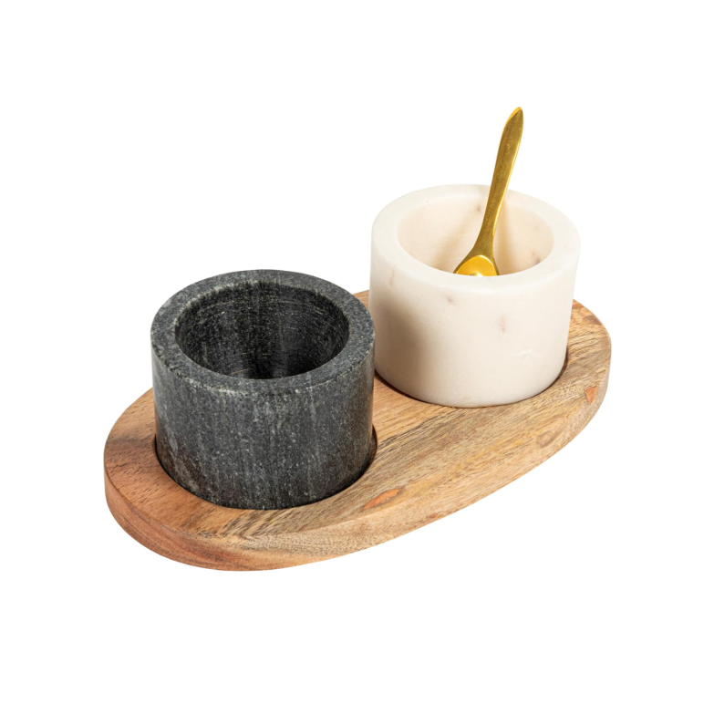 Set de 2 Cuencos con Tapa, Marmol y Madera Acacia