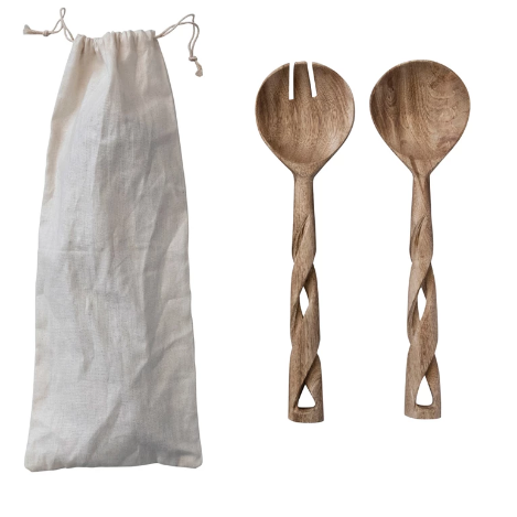 Set de 2 ensaladeras de madera tallada con mango retorcido
