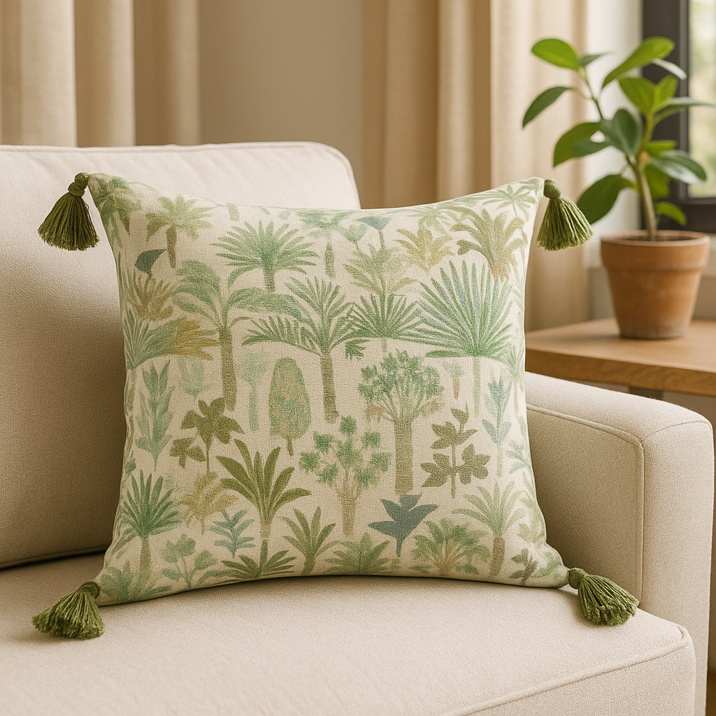 Cojin salvia tejido de palmeras 22 x 22″