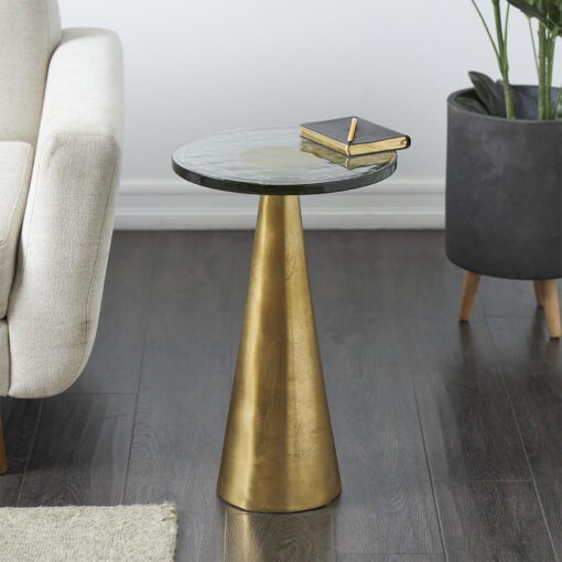Mesa auxiliar top de cristal y aluminio con acabado dorado 20" - Imagen 2