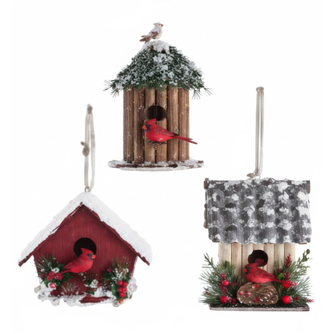 Adorno colgante en madera de casa de cardenal diseño variado