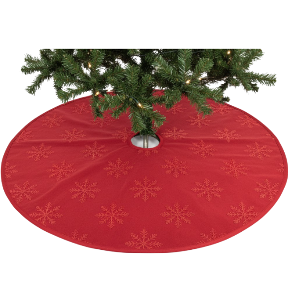 Faldon para arbol rojo bordado copo de nieve 48"