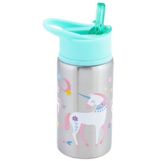 Botella termica de acero inoxidable plateada con diseño de unicornio