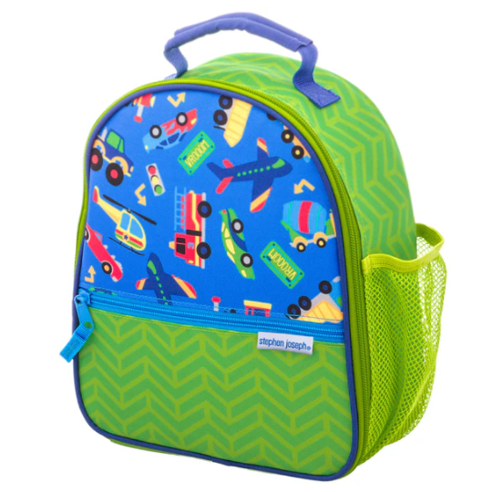 Lonchera para niño color azul con diseño de transportes