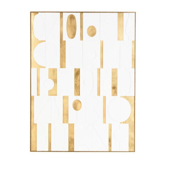 Cuadro de Pared Enmarcado con Figuras Abstractas de Madera blanca con Detalles Dorados