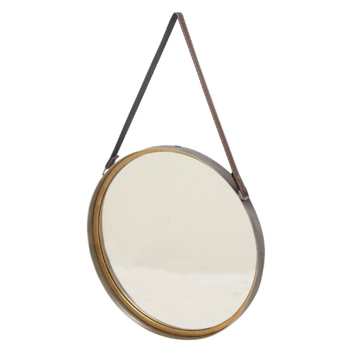Espejo de pared de metal dorado con correa de cuero