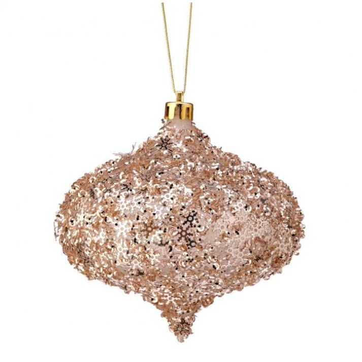 Esfera ovalada con copos de nieve color champagne  4"