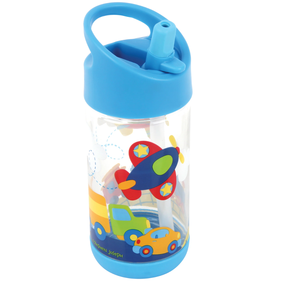 Botella con figuras de transporte y tapadera celeste