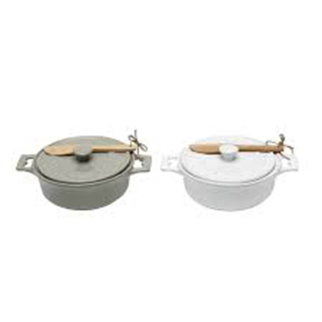 Plato para hornear de ceramica con tapa y removedor de madera color gris  18 x 8 cms