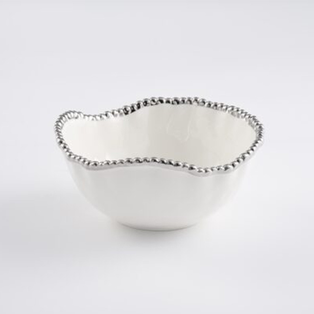 Bowl mediano  para ensalada color blanco orilla plateada de porcelana 8.5″ x 8″ x 3.5″