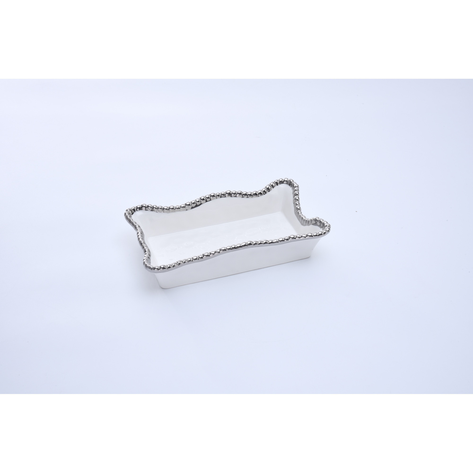 Bandeja rectangular blanca orilla plateada de porcelana 10″x 6.75″ x 2.75″
