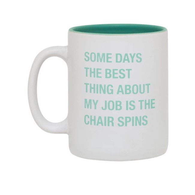 Taza blanca fondo verde the chair spins