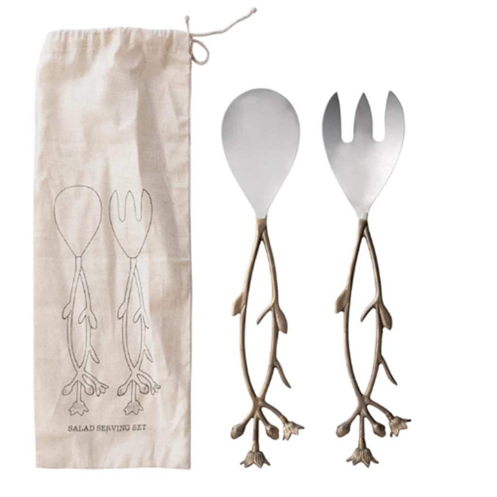 Set de 2 cubiertos para ensalada de acero inoxidable y laton agarradero de flor