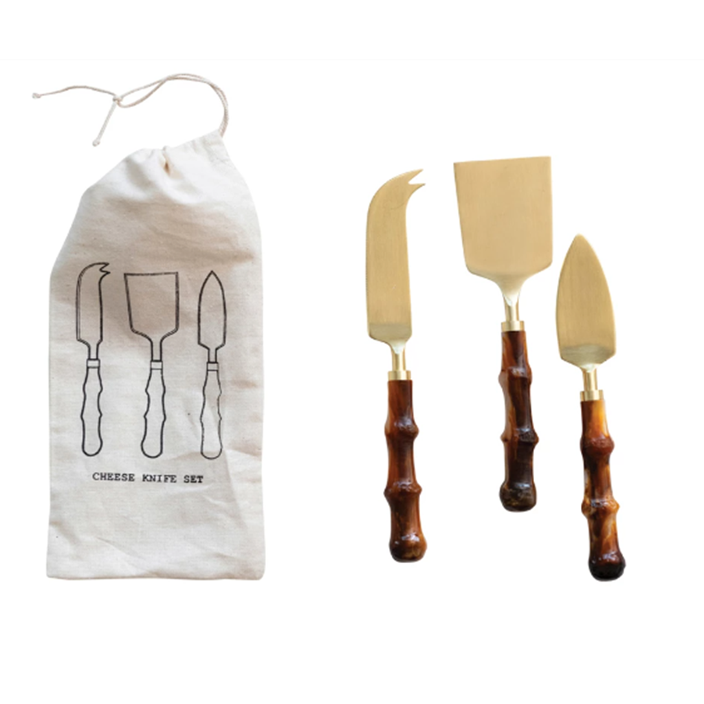 Set de 3 cuchillos para queso de acero inoxidable y resina agarradero tipo bambu