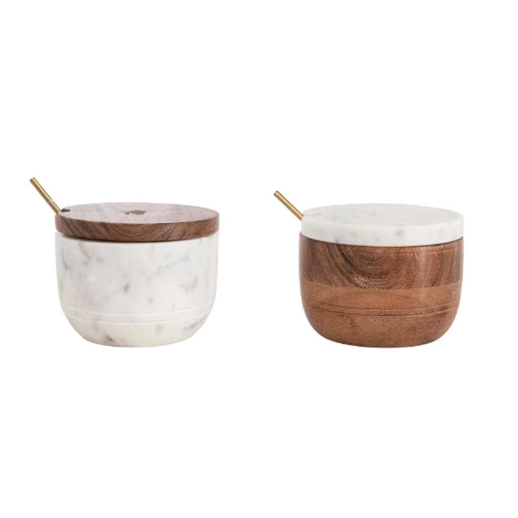 Set de 2 cuencos con tapa en marmol y madera de acacia 4.25 x 3.50