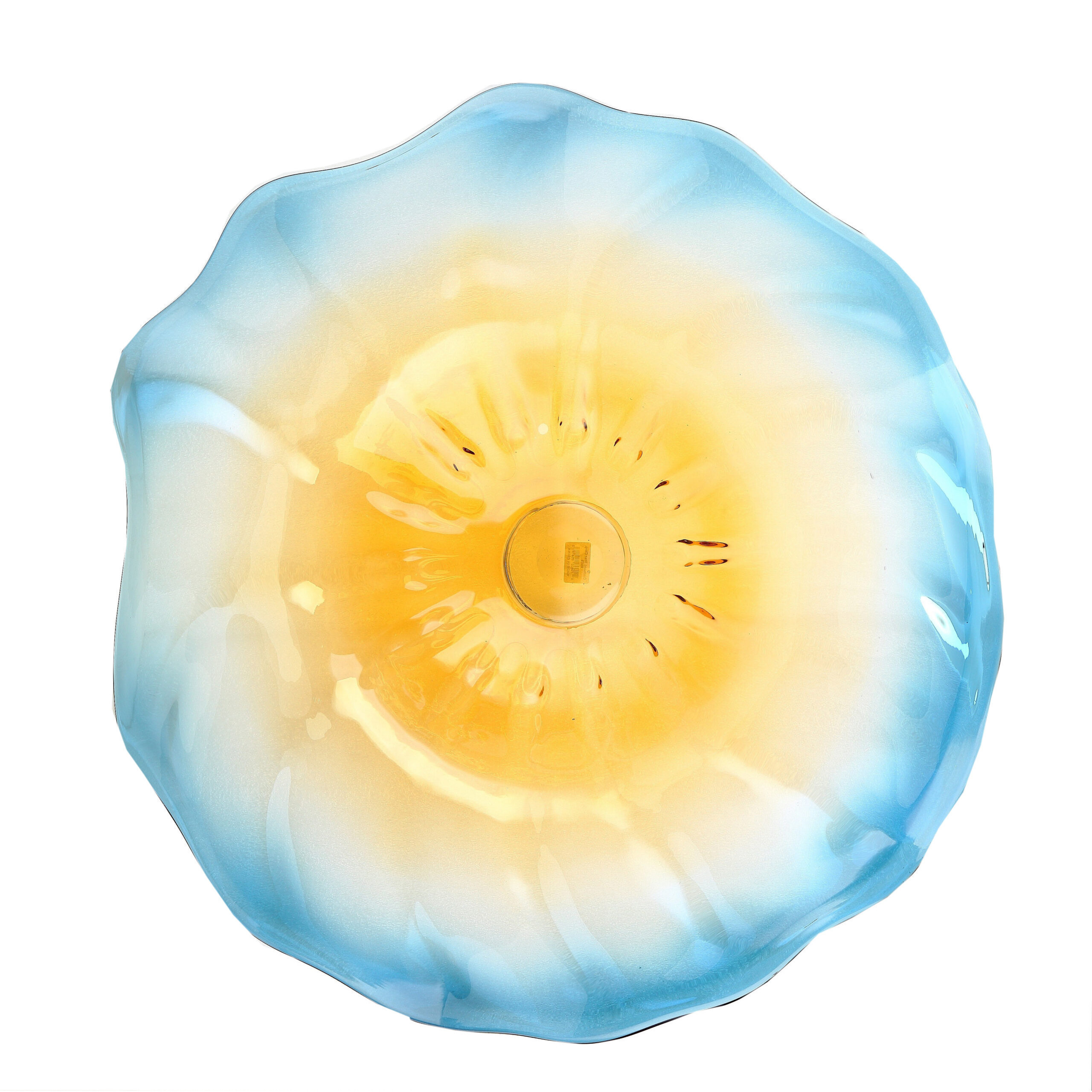 Adorno plato de vidrio grande color amarillo con orilla celeste irregular 6″x25.5″