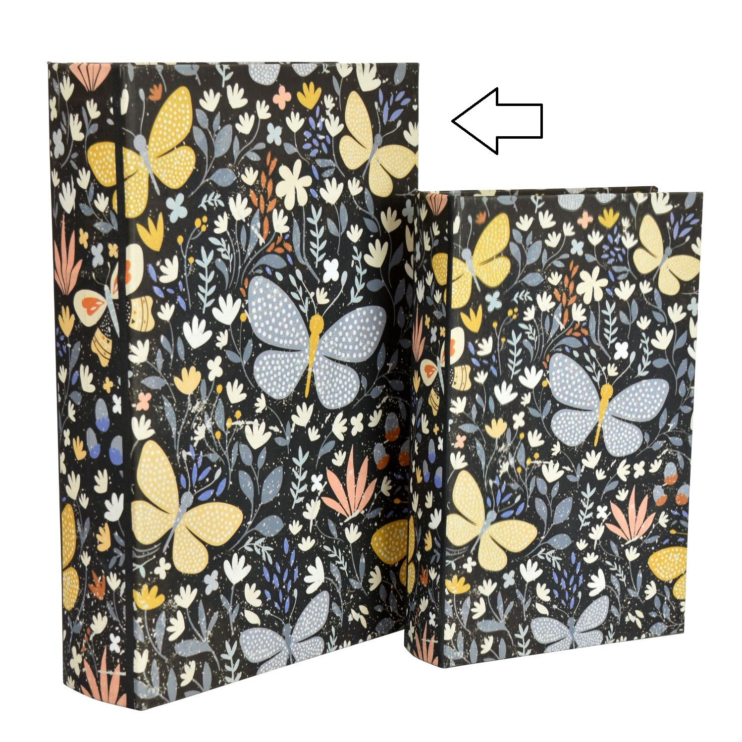 Caja de libros en madera con diseño de mariposas fondo negro grande 13 x 8.75 x 2.75″