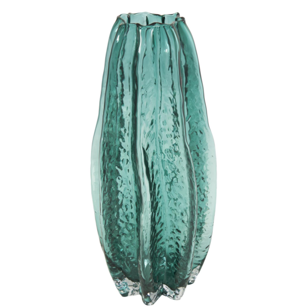 Jarron de vidrio ondulado verde 5x5x12″