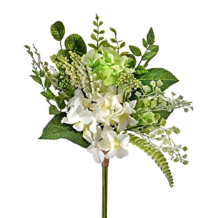 RAMO DE HORTENSIAS CON ASTILBE Y HELECHO EN TONOS BLANCO CON VERDES 16″