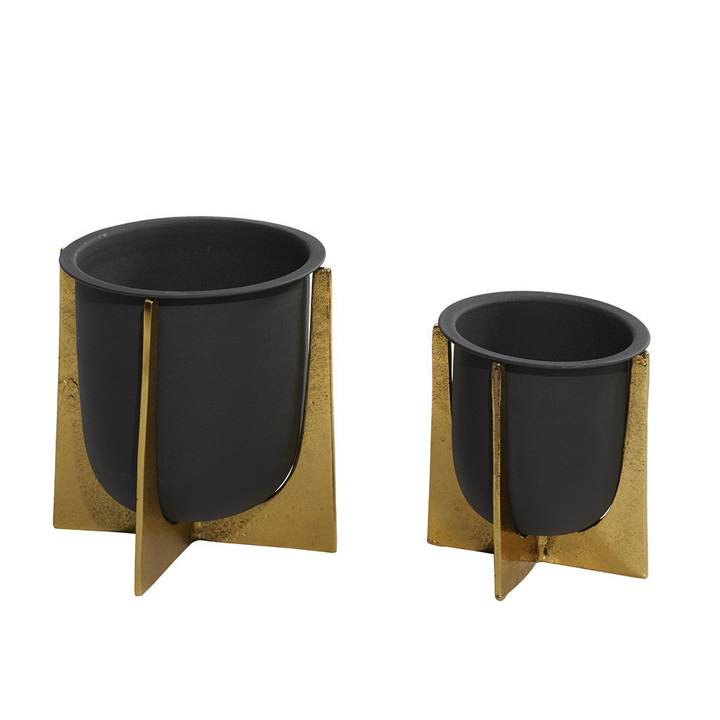 Set de 2 macetas de metal negra soporte dorado 9″ y 7″