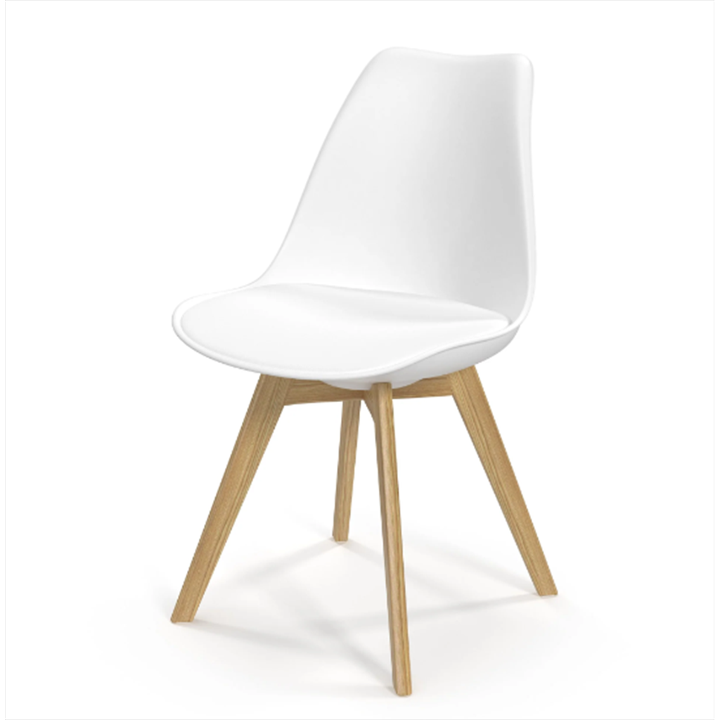 Silla celine color blanca de asiento tapizado de cuero gris  con patas de madera clara